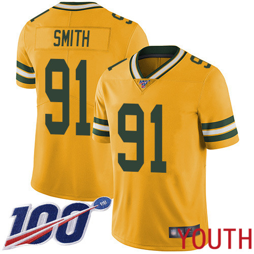 Green Bay Packers Limited Gold Youth #91 Smith Preston Jersey Nike NFL 100th Season Rush Vapor Untouchable